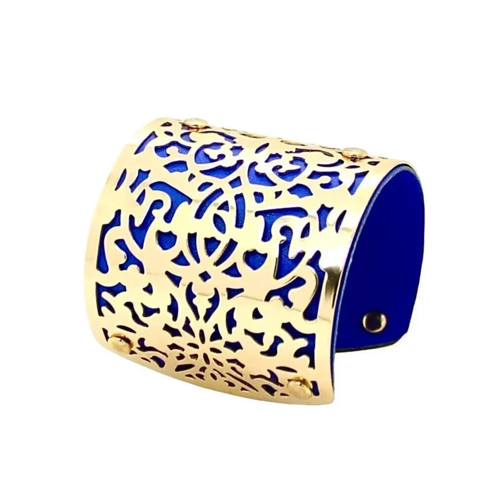 NEW Eye Candy LA Wide Cuff Bracelet Gold-Tone Filigree Overlay Blue Leather